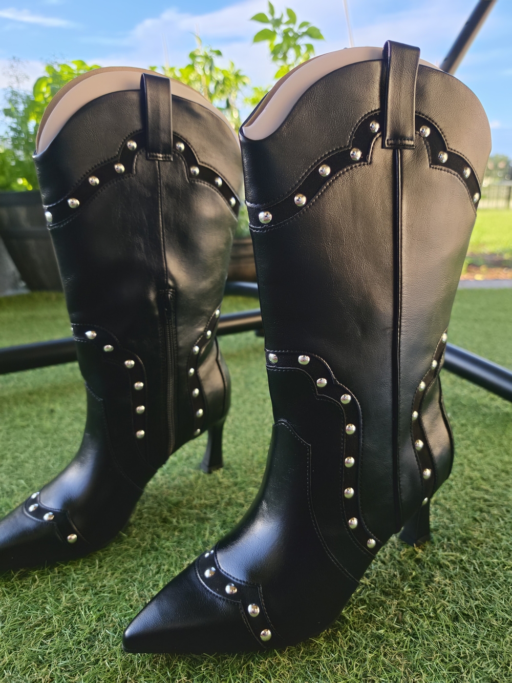 Women's Black Studded Mid-Calf Heeled Boots